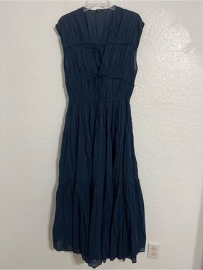 Massimo Dutti MAXI Women Dress Size S Navy Blue Sleeveless Tie Front Ruffle #175